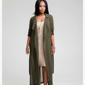 Long, sheer, belted cardigan duster purchased from Amazon army, olive green